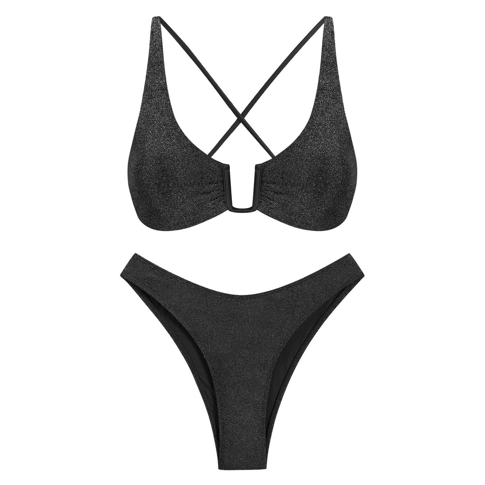 NWT ZAFUL Black‎ Textured U Wire Bikini Criss Cross High Leg XL